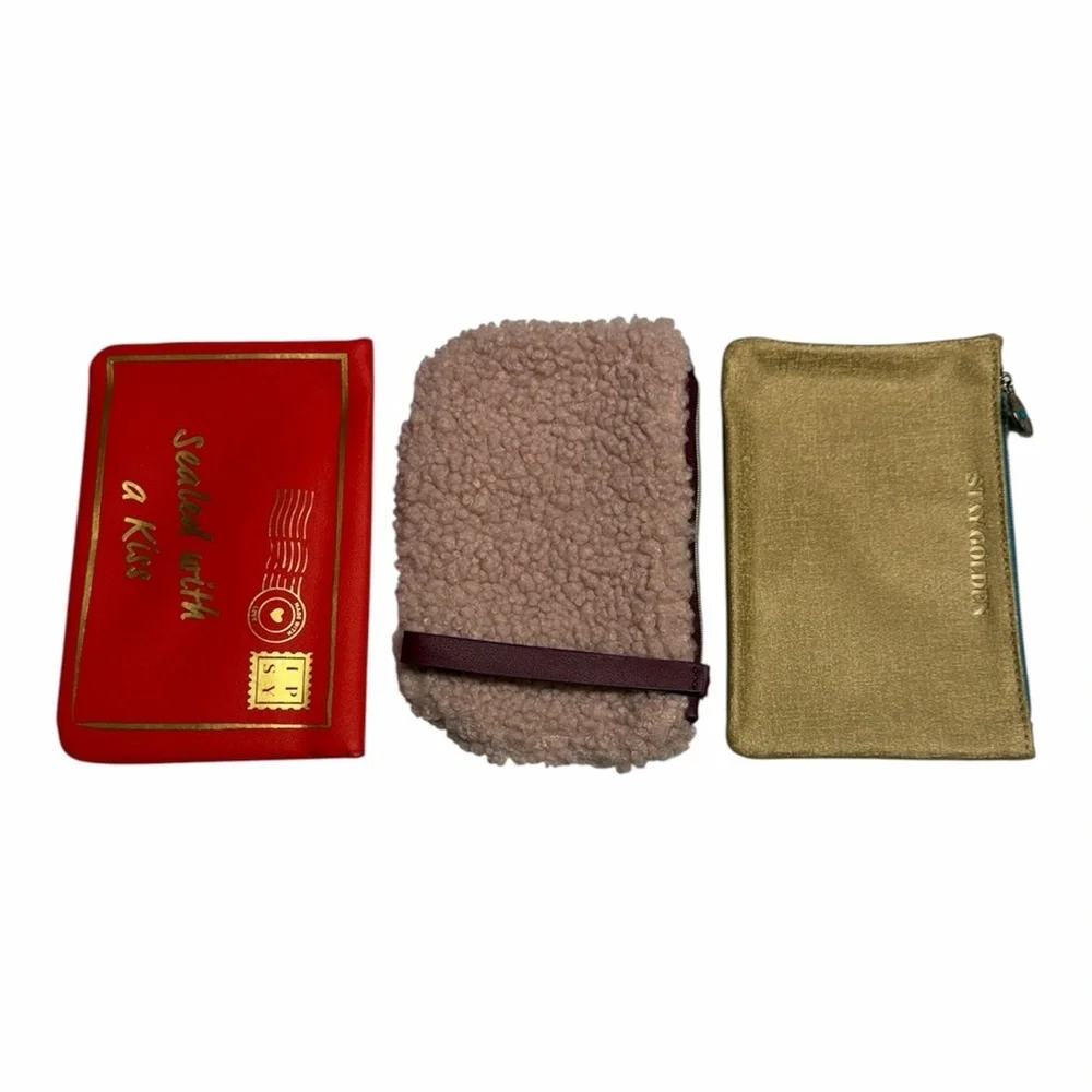 Set of Three Makeup Pouches - Red, Beige, Gold